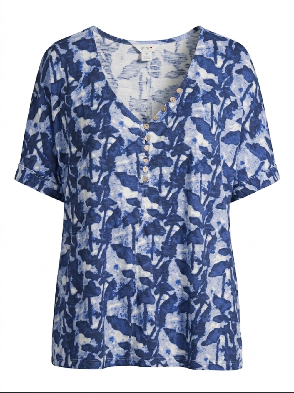 intro. Blue & White V-Neck Short Sleeve Button-Front Top